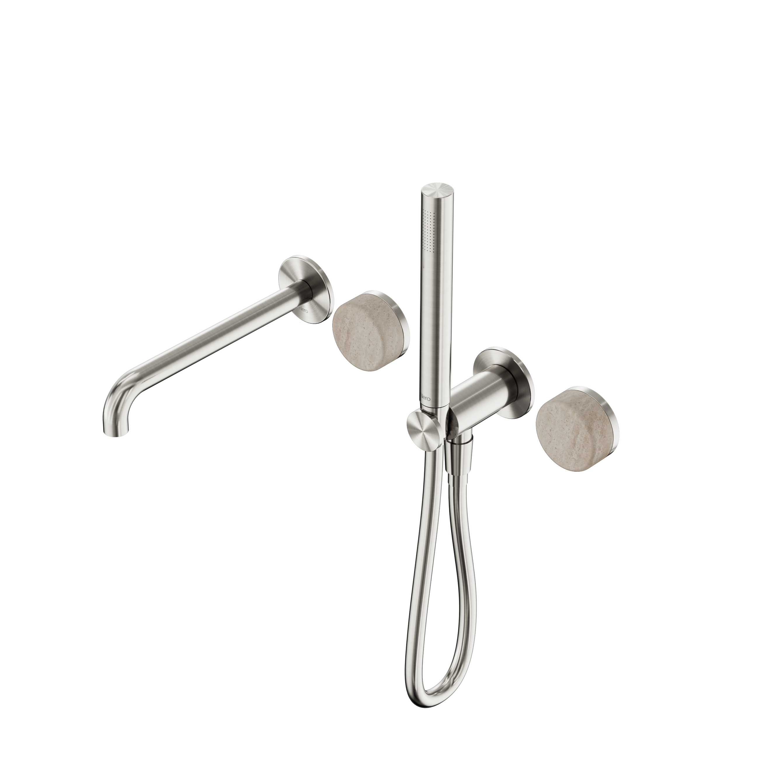 Serenity Progressive Shower System With Spout With Rome Travertine Handle And Slim Shower Brushed Nickel
