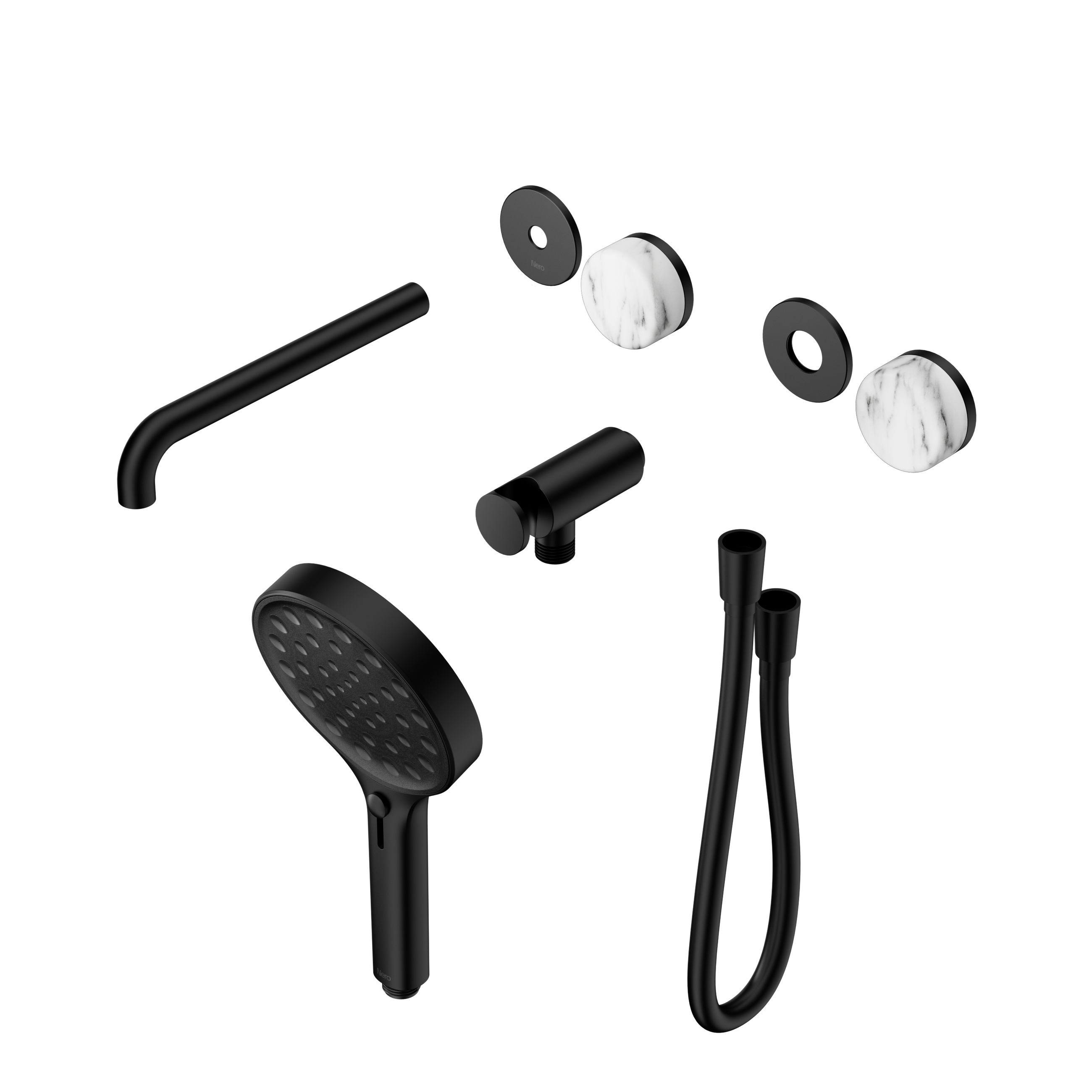 Serenity Progressive Shower System With Spout With Arabescato Corchia Handle And Serenity Hand Shower Trim Kit Only Matte Black