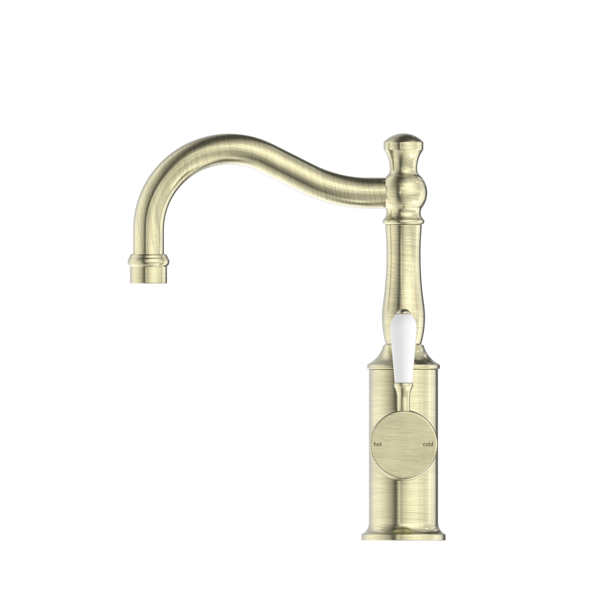 York Basin Mixer Hook Spout With White Porcelain Lever Aged Brass