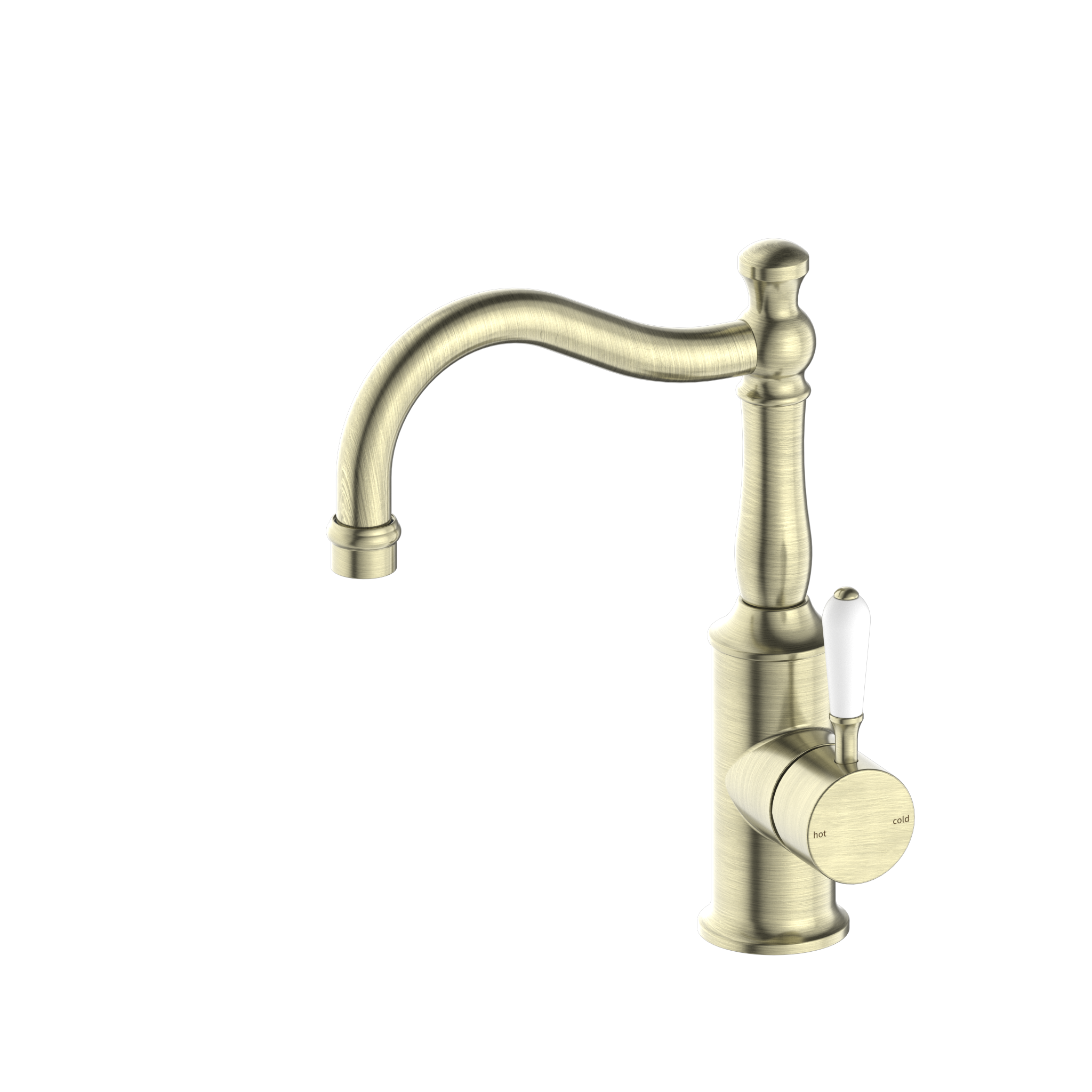 York Basin Mixer Hook Spout With White Porcelain Lever Aged Brass