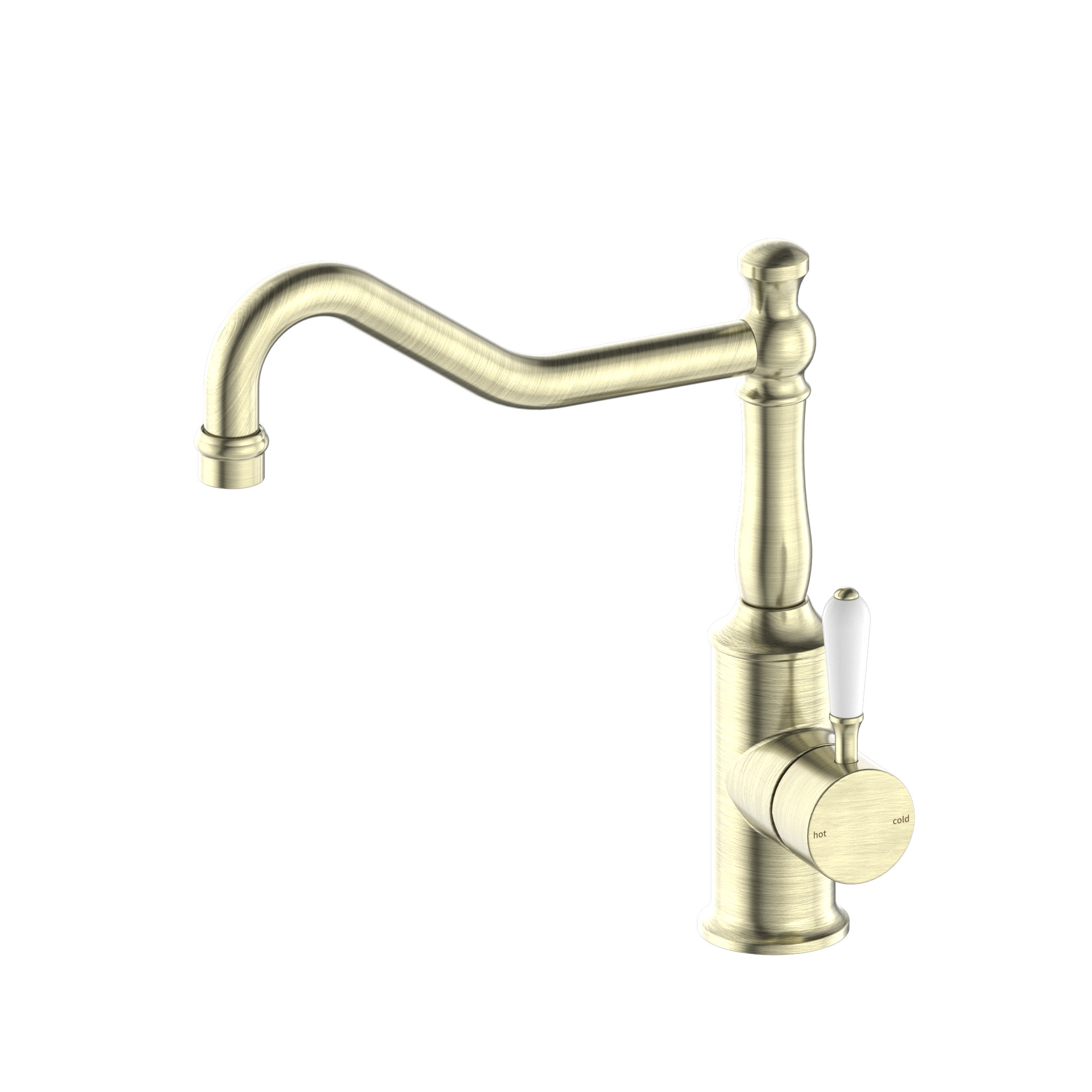 York Kitchen Mixer Hook Spout With White Porcelain Lever Aged Brass