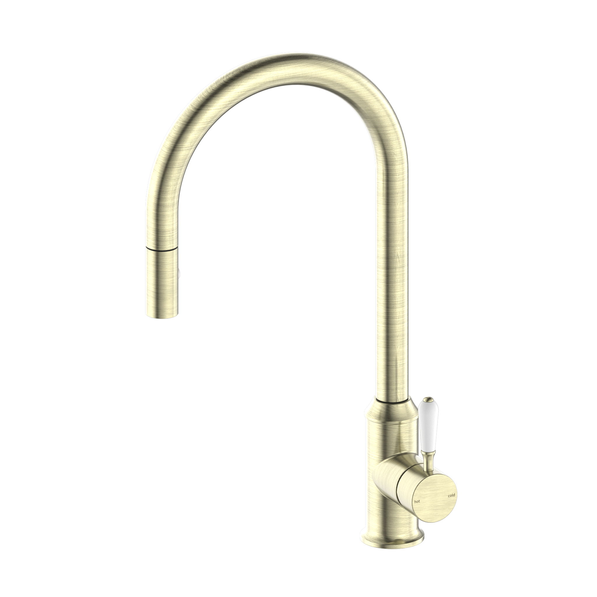 York Pull Out Sink Mixer With Vegie Spray Function With White Porcelain Lever Aged Brass