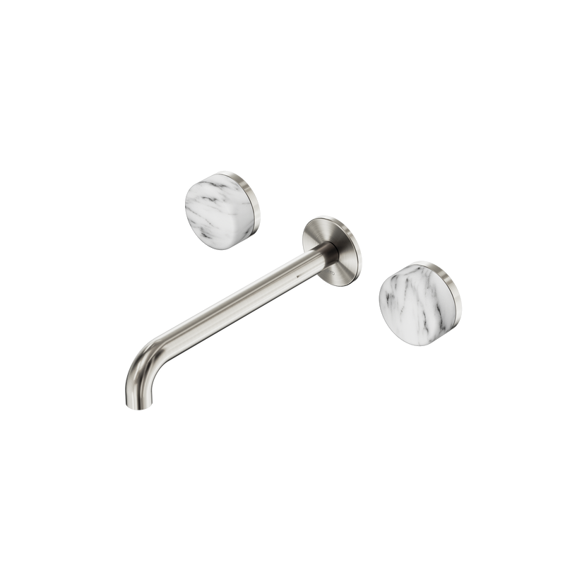 Serenity Wall Basin Set 220mm Spout With Arabescato Corchia Handle Brushed Nickel