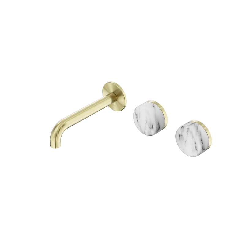 Serenity Wall Basin Set 160mm Offset Spout With Arabescato Corchia Handle Brushed Gold