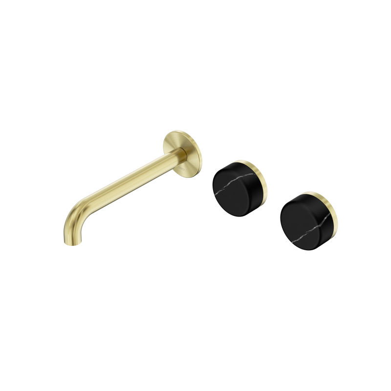 Serenity Wall Basin Set 185mm Offset Spout With Marquina Black Handle Brushed Gold