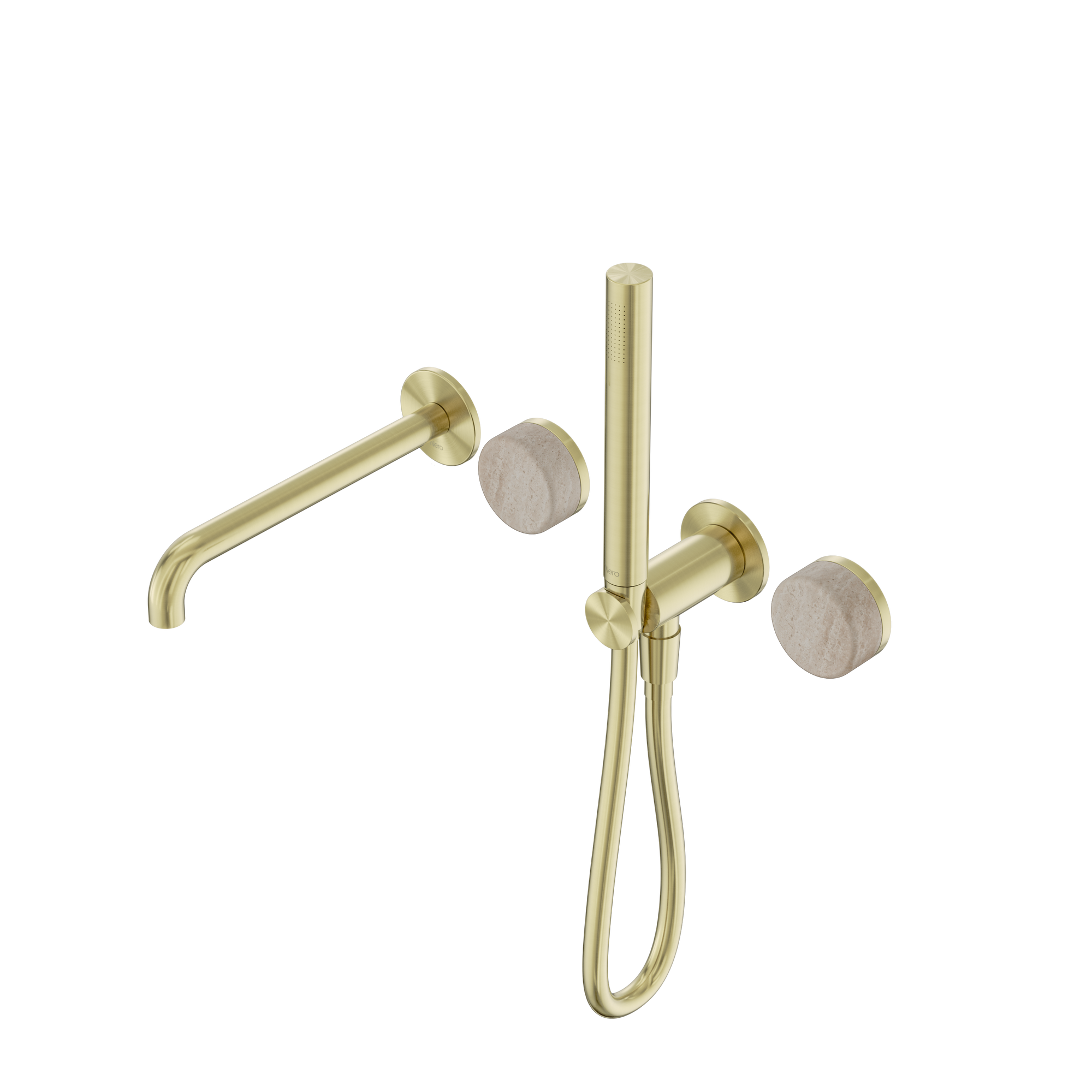 Serenity Progressive Shower System With Spout With Rome Travertine Handle And Slim Shower Brushed Gold
