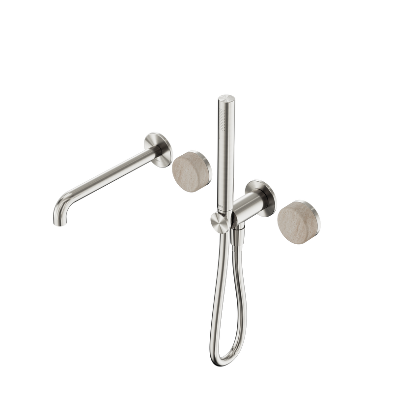 Serenity Progressive Shower System With Spout With Rome Travertine Handle And Slim Shower Brushed Nickel