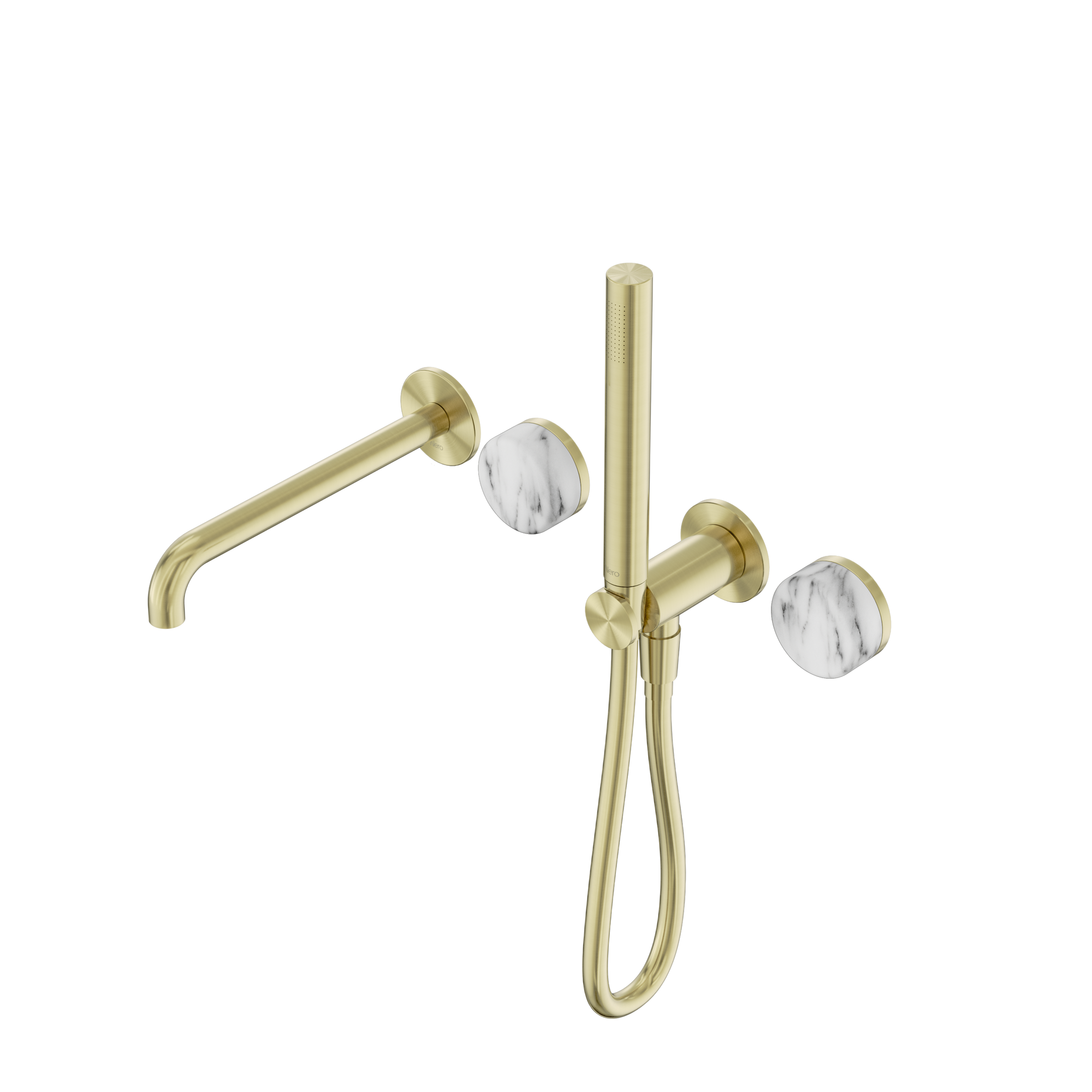 Serenity Progressive Shower System With Spout With Arabescato Corchia Handle And Slim Shower Brushed Gold