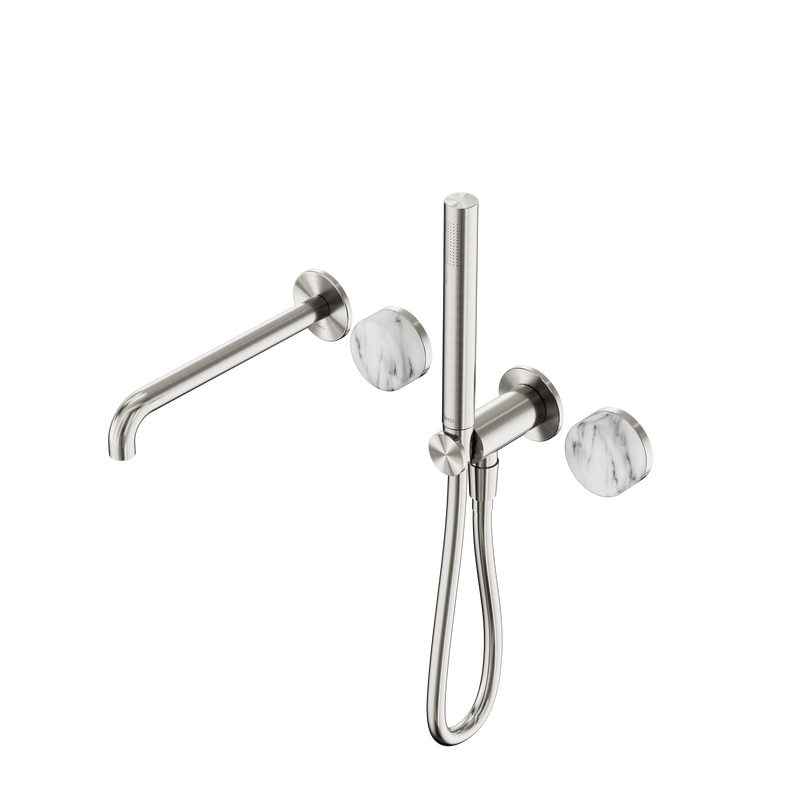 Serenity Progressive Shower System With Spout With Arabescato Corchia Handle And Slim Shower Brushed Nickel