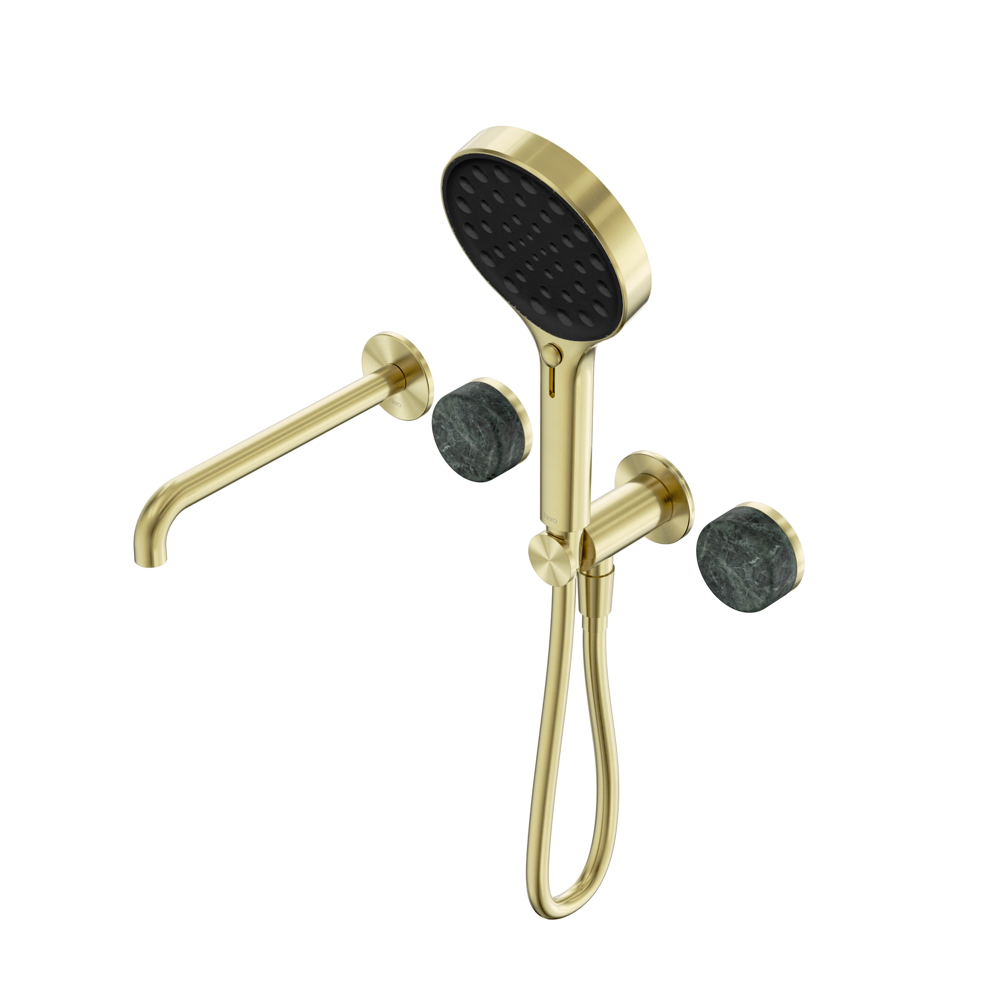 Serenity Progressive Shower System With Spout With Verde Alpi Handle And Serenity Hand Shower Brushed Gold