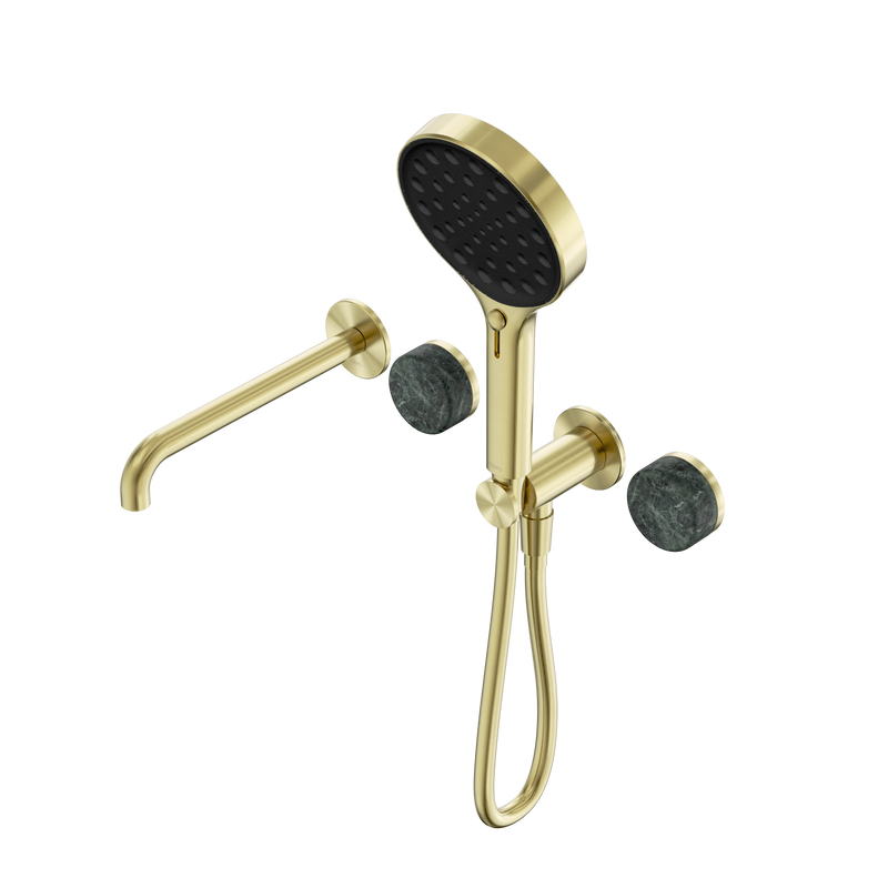 Serenity Progressive Shower System With Spout With Verde Alpi Handle And Serenity Hand Shower Brushed Gold