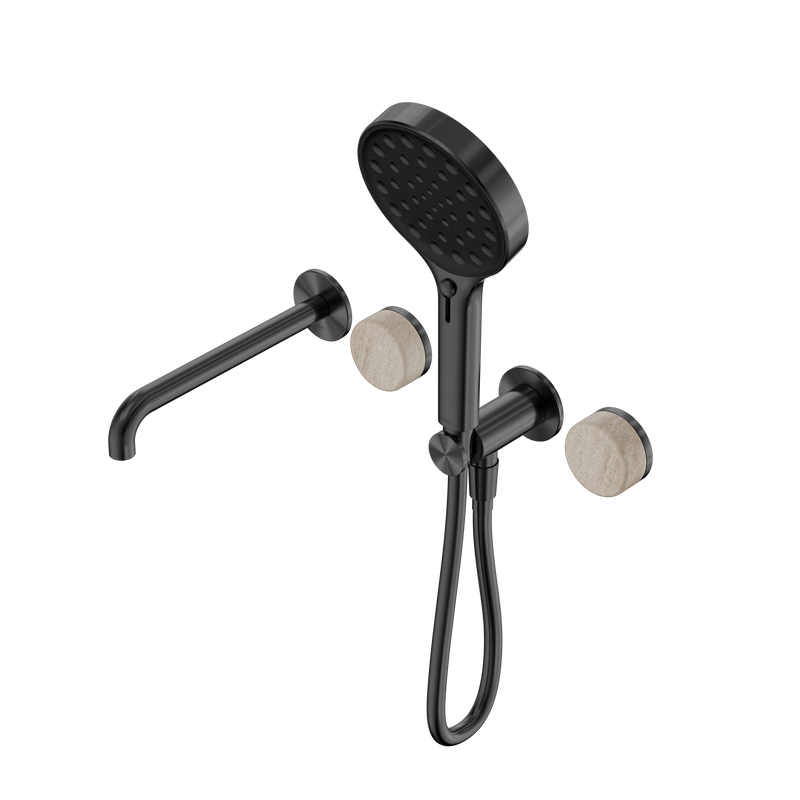 Serenity Progressive Shower System With Spout With Rome Travertine Handle And Serenity Hand Shower Gun Metal