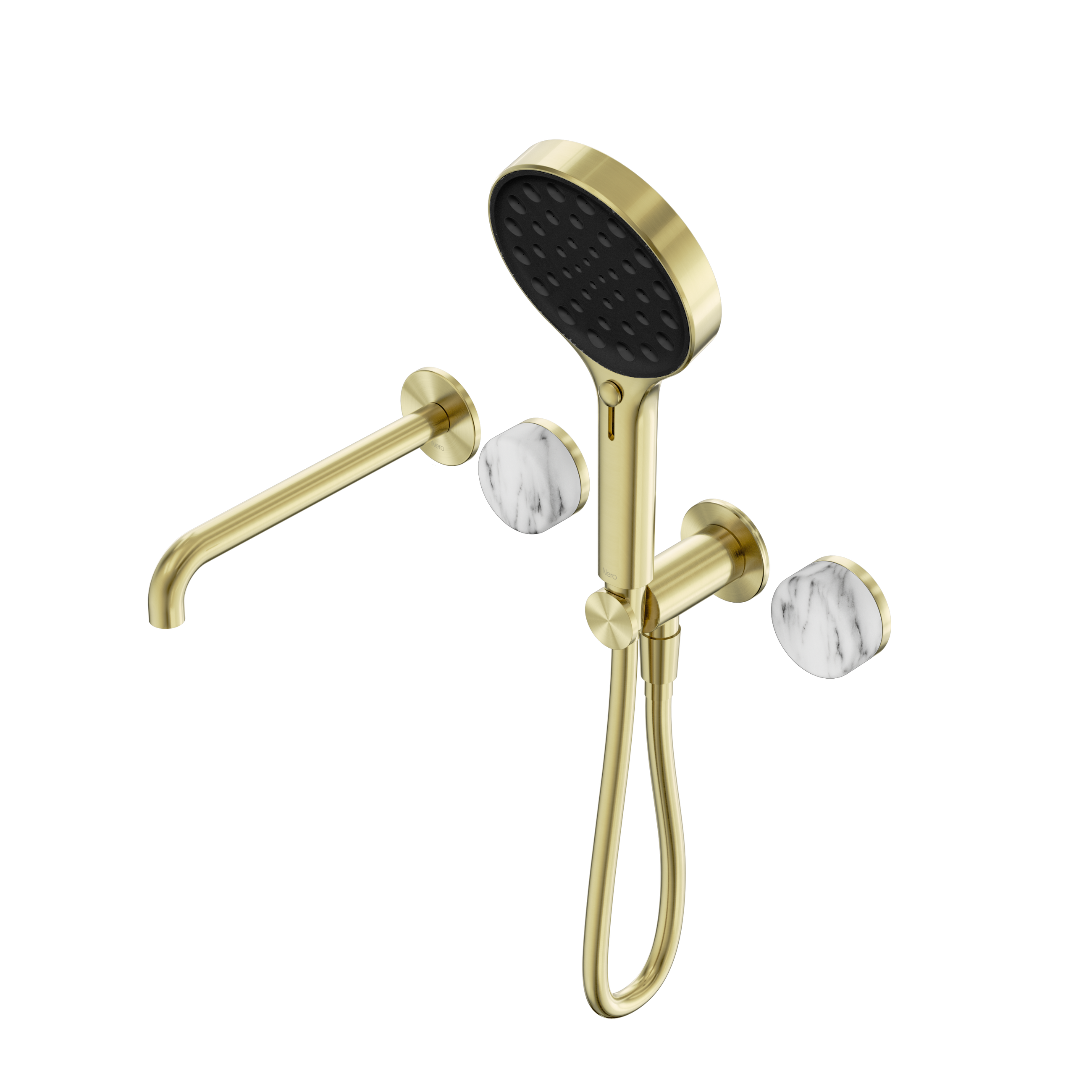 Serenity Progressive Shower System With Spout With Arabescato Corchia Handle And Serenity Hand Shower Brushed Gold