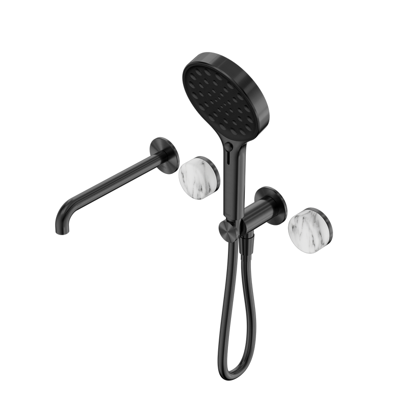 Serenity Progressive Shower System With Spout With Arabescato Corchia Handle And Serenity Hand Shower Gun Metal