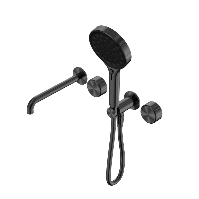Serenity Progressive Shower System With Spout With Metal Handle And Serenity Hand Shower Gun Metal