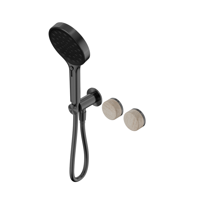 Serenity Progressive Shower System With Rome Travertine Handle And Serenity Hand Shower Gun Metal