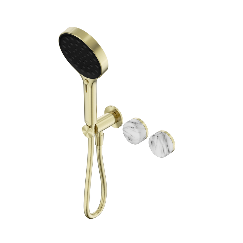 Serenity Progressive Shower System With Arabescato Corchia Handle And Serenity Hand Shower Brushed Gold