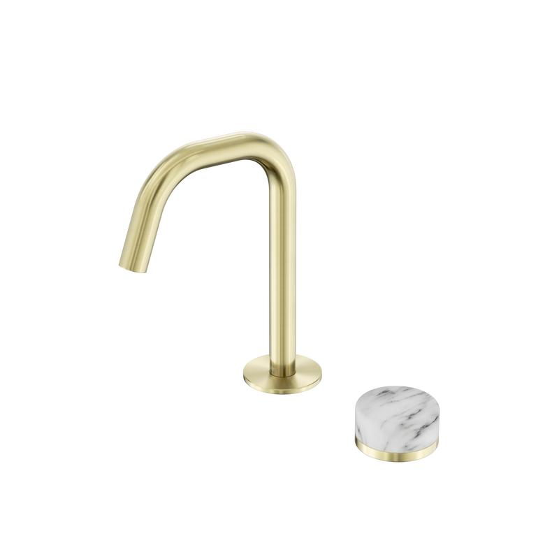 Serenity Progressive Basin Mixer Edge Spout With Arabescato Corchia Handle Brushed Gold