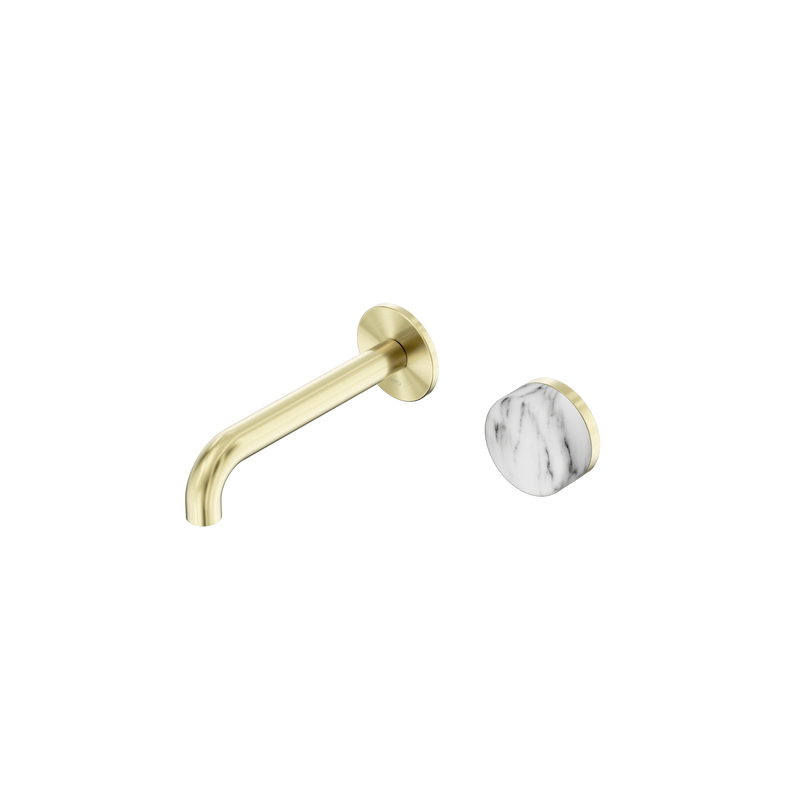 Serenity Progressive Wall Basin Mixer 160mm Spout With Arabescato Corchia Handle Brushed Gold