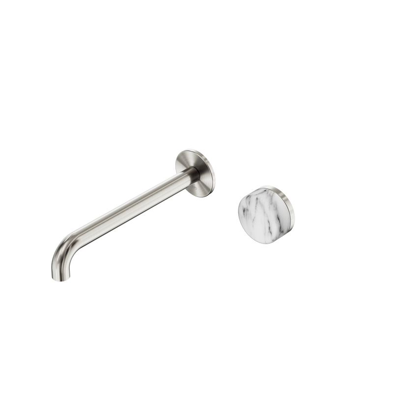 Serenity Progressive Wall Basin Mixer 220mm Spout With Arabescato Corchia Handle Brushed Nickel
