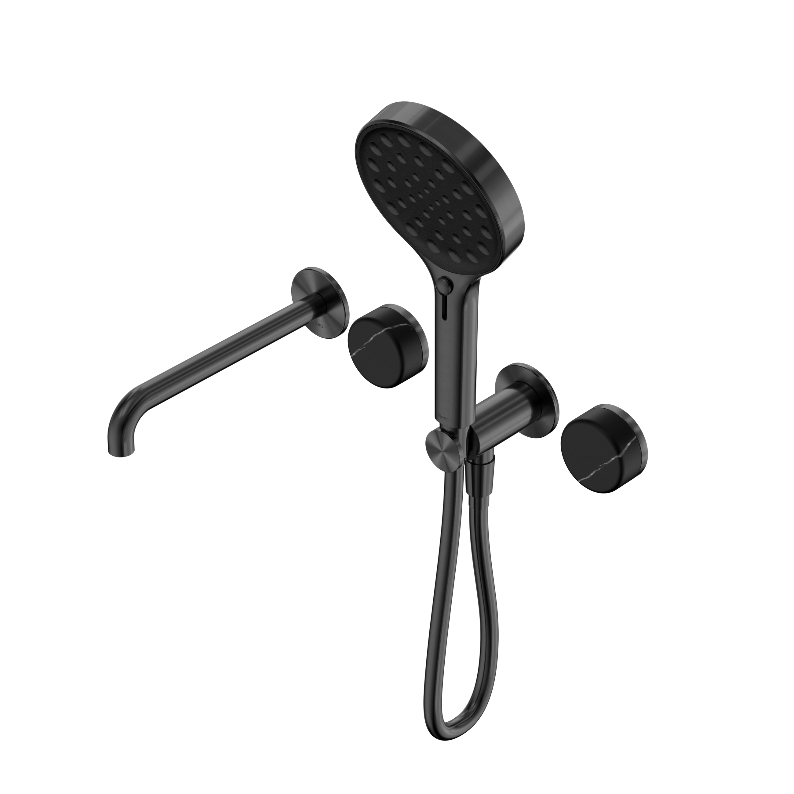 Serenity Progressive Shower System With Spout With Marquina Black Handle And Serenity Hand Shower Gun Metal