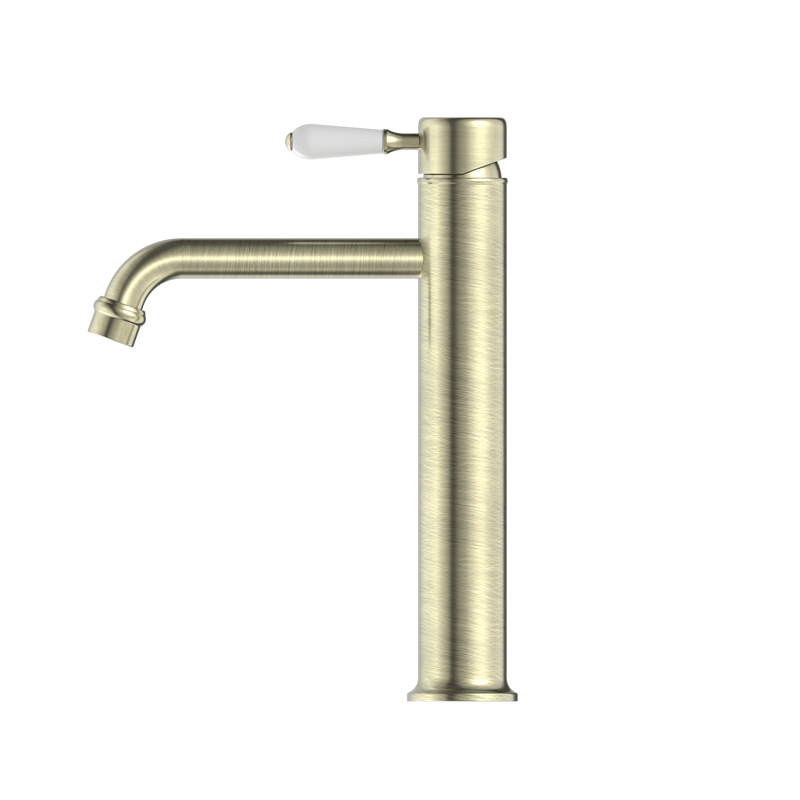 York Straight Tall Basin Mixer With White Porcelain Lever Aged Brass