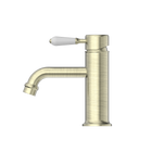 York Straight Basin Mixer With White Porcelain Lever Aged Brass