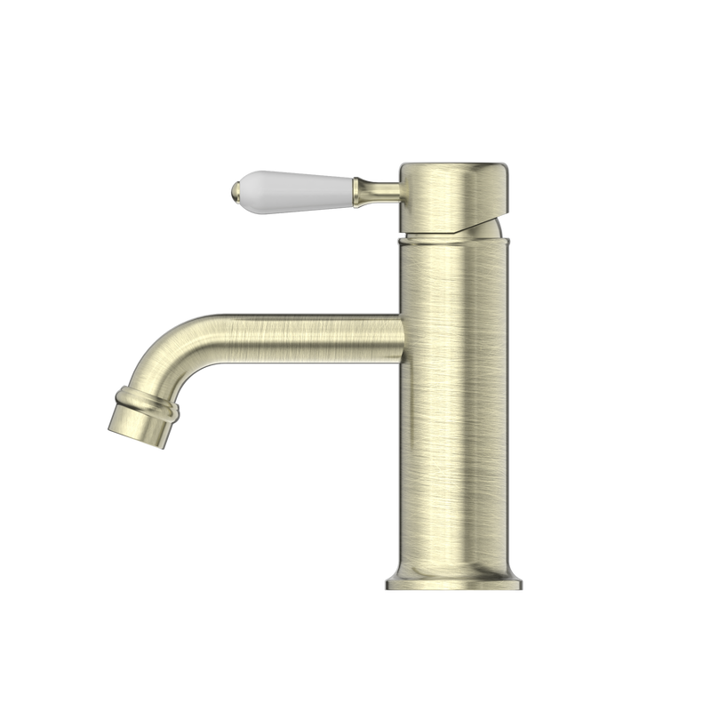 York Straight Basin Mixer With White Porcelain Lever Aged Brass