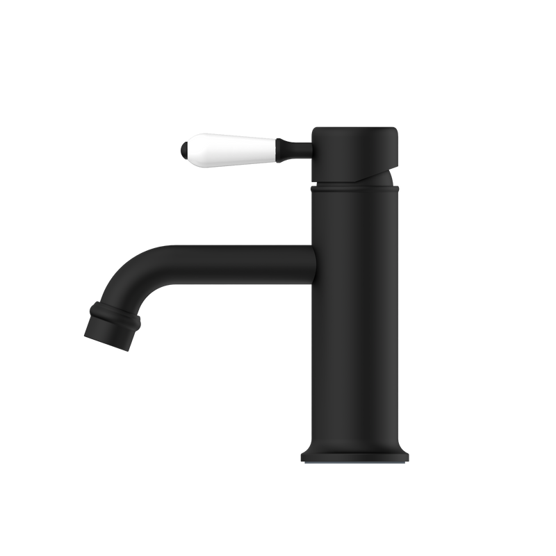 York Straight Basin Mixer With White Porcelain Lever Matte Black