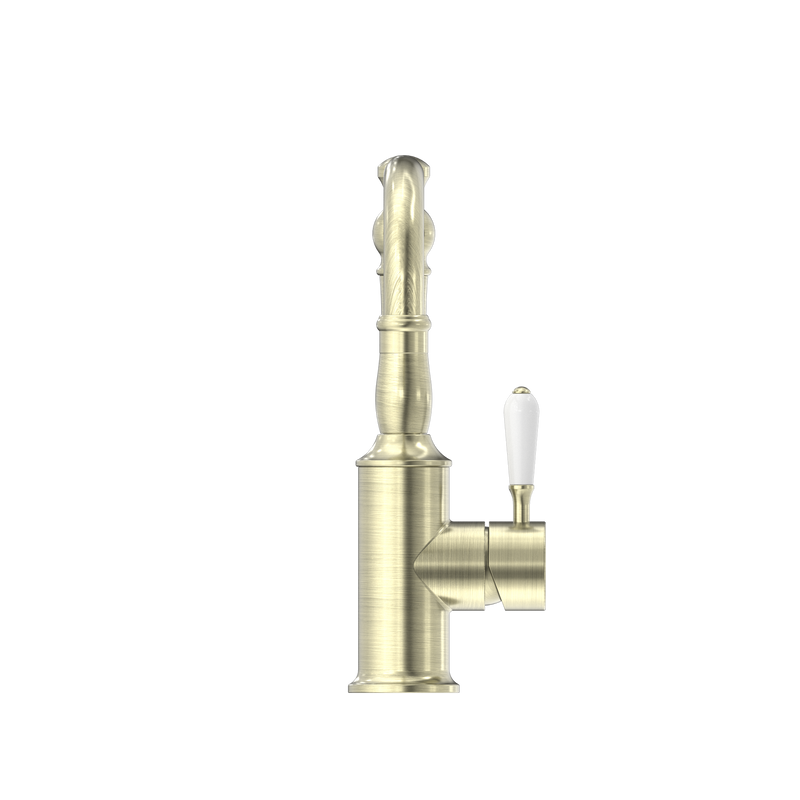 York Basin Mixer Hook Spout With White Porcelain Lever Aged Brass