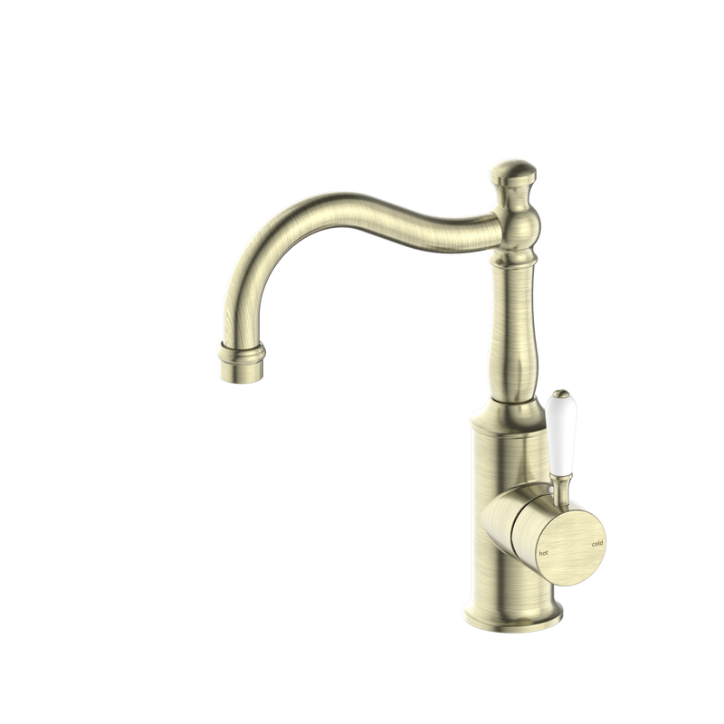 York Basin Mixer Hook Spout With White Porcelain Lever Aged Brass