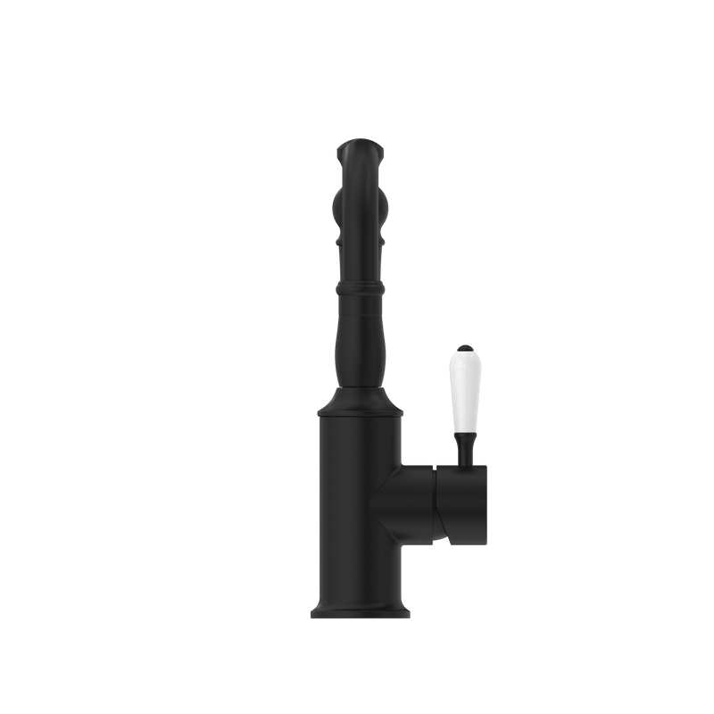 York Basin Mixer Hook Spout With White Porcelain Lever Matte Black
