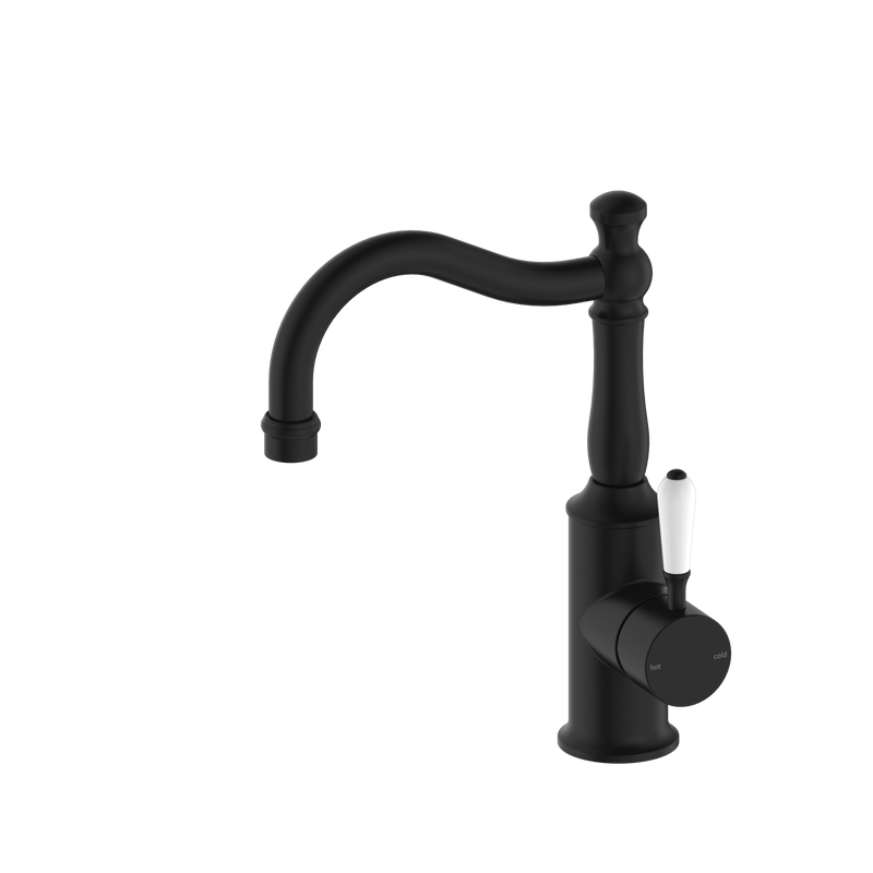 York Basin Mixer Hook Spout With White Porcelain Lever Matte Black