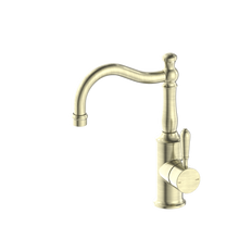 York Basin Mixer Hook Spout With Metal Lever Aged Brass