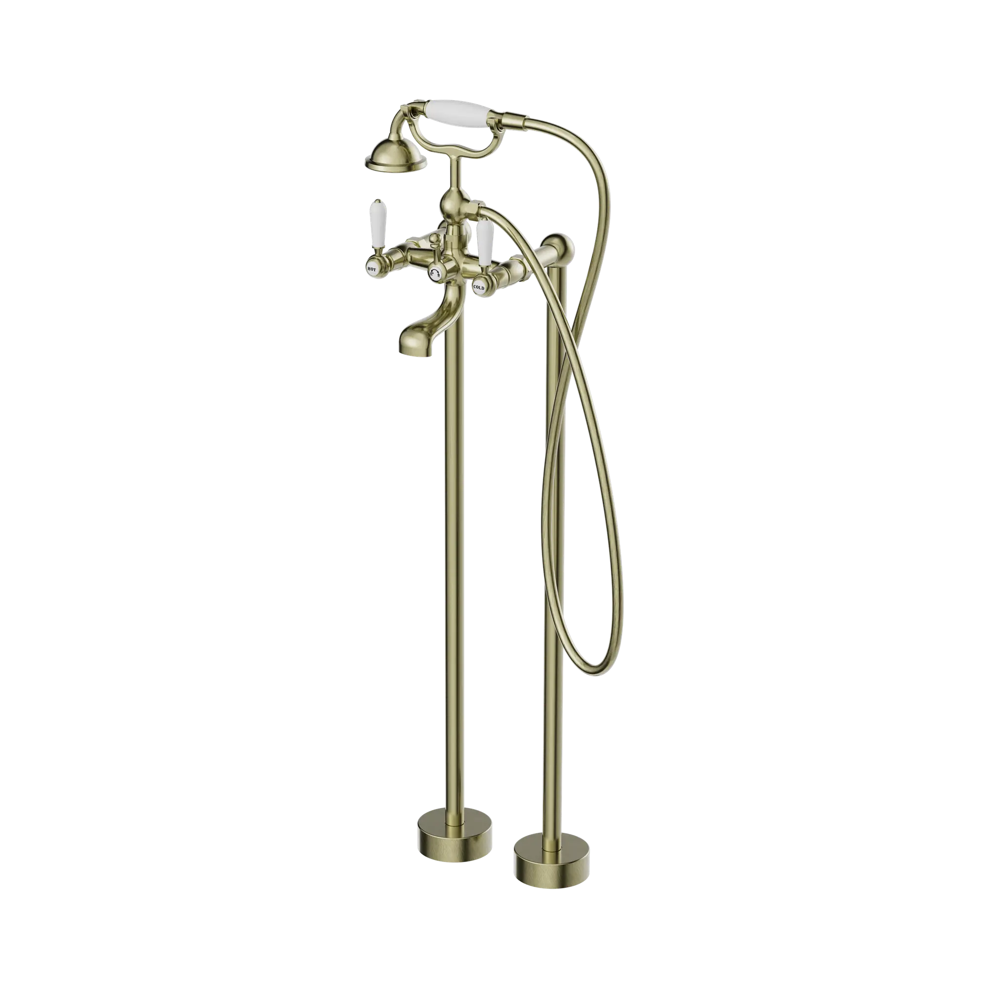 York Freestanding Bath Set With White Porcelain Hand Shower Aged Brass