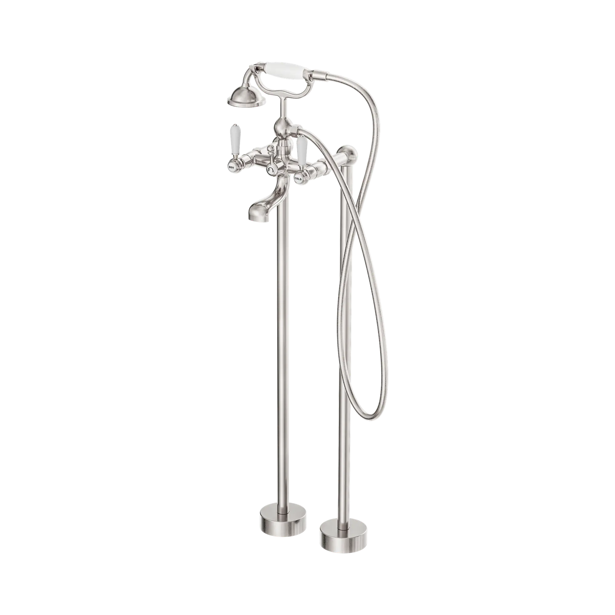 York Freestanding Bath Set With White Porcelain Hand Shower Brushed Nickel