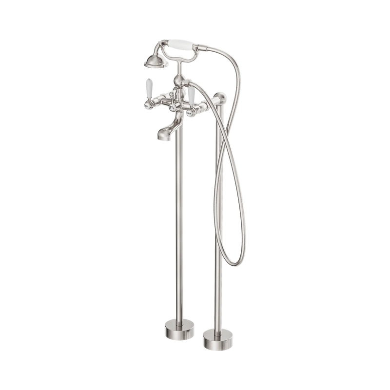York Freestanding Bath Set With White Porcelain Hand Shower Brushed Nickel