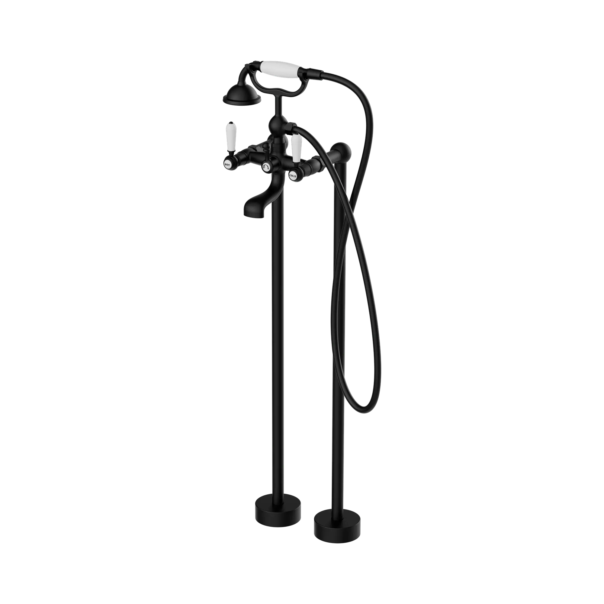 York Freestanding Bath Set With White Porcelain Hand Shower Matte Black