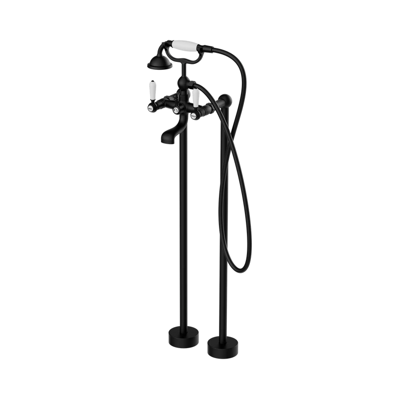 York Freestanding Bath Set With White Porcelain Hand Shower Matte Black