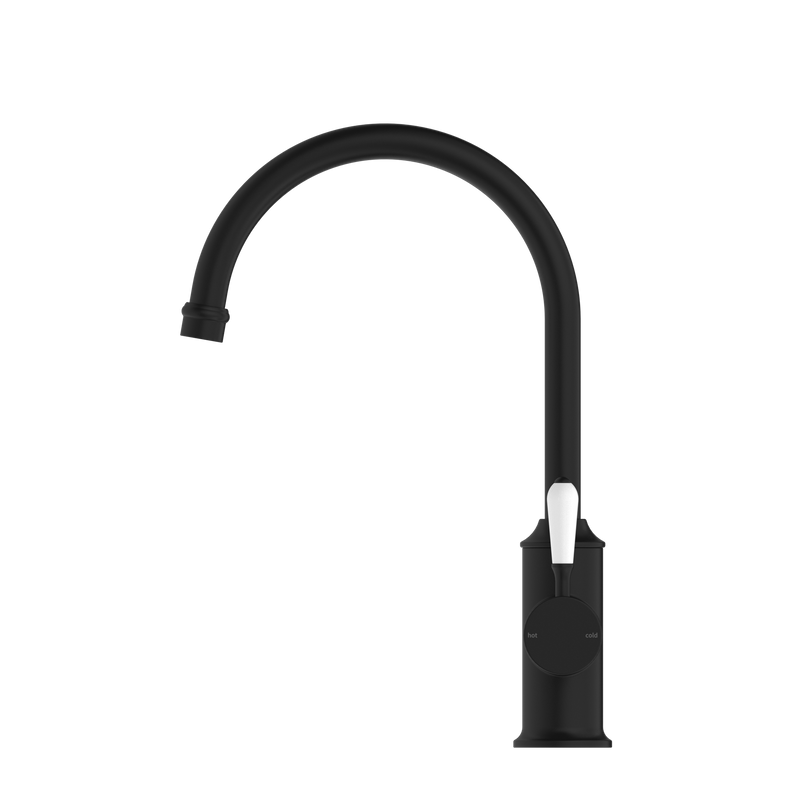 York Kitchen Mixer Gooseneck Spout With White Porcelain Lever Matte Black