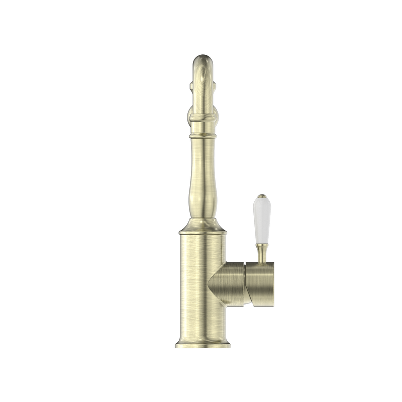 York Kitchen Mixer Hook Spout With White Porcelain Lever Aged Brass