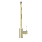 York Pull Out Sink Mixer With Vegie Spray Function With White Porcelain Lever Aged Brass