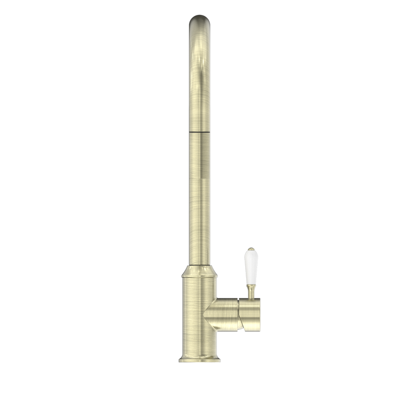 York Pull Out Sink Mixer With Vegie Spray Function With White Porcelain Lever Aged Brass