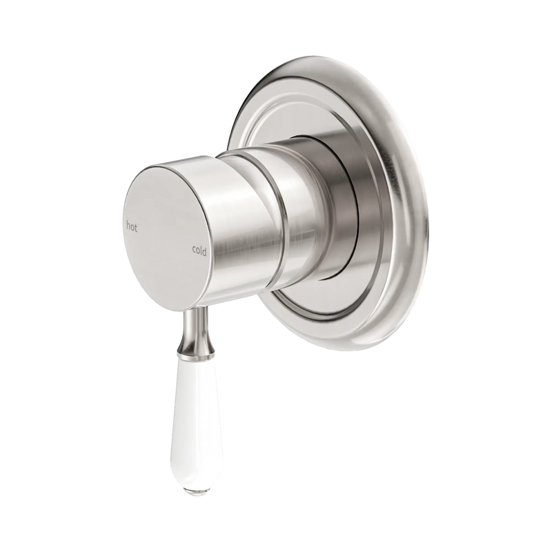 York Shower Mixer With White Porcelain Lever Brushed Nickel
