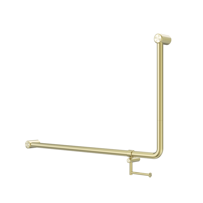 Mecca Care 32mm DDA Accessible Toilet 90 Degree Bent Tube Grab Rail 600X1000mm With Toilet Roll Holder Brushed Gold