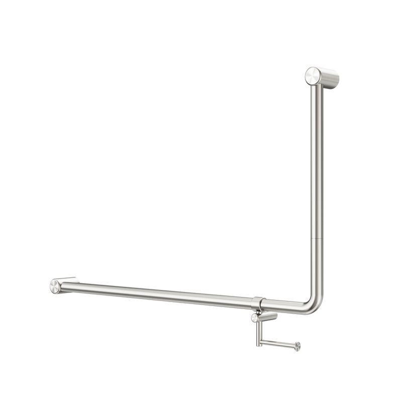 Mecca Care 32mm DDA Accessible Toilet 90 Degree Bent Tube Grab Rail 600X1000mm With Toilet Roll Holder Brushed Nickel