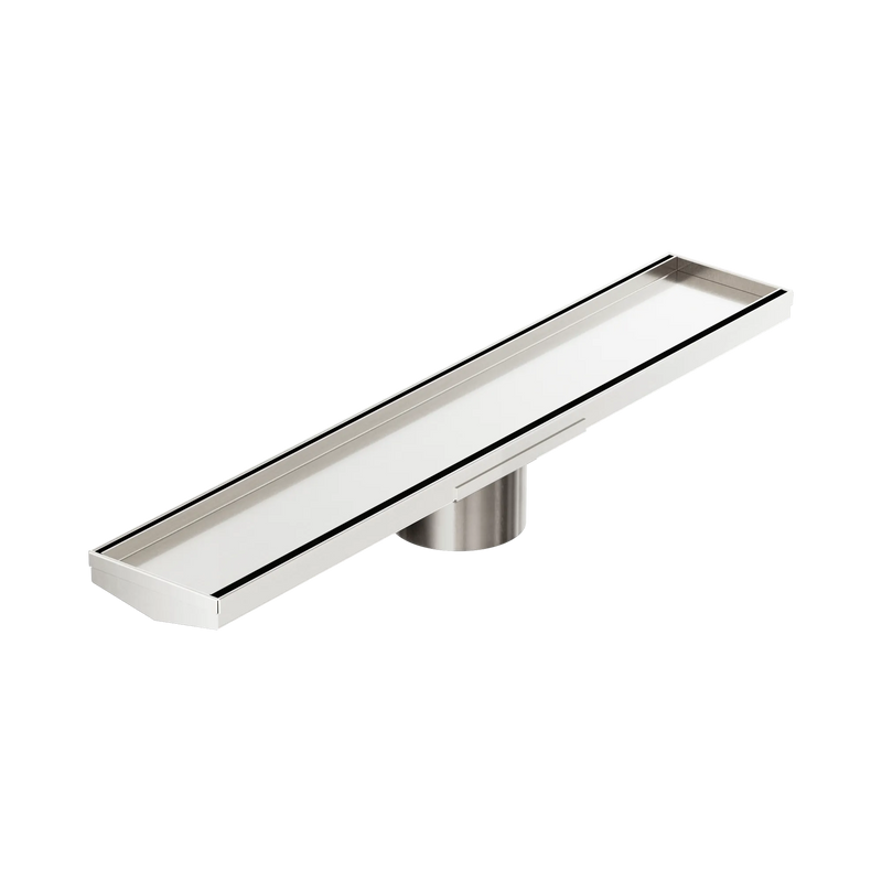 Tile Insert V Channel 600x106mm Floor Grate 90mm Outlet Brushed Nickel