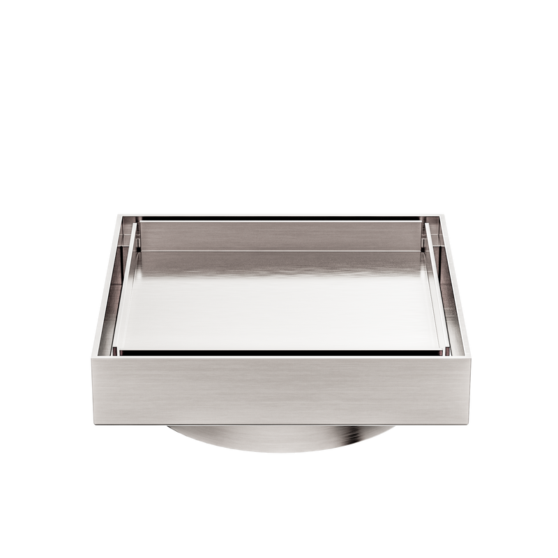 100mm Square Tile Insert Floor Waste 80mm Outlet Brushed Nickel